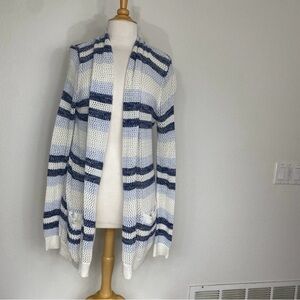 Splendid Women's Blue White Stripe Knit Open Long Cardigan Size XL Coastal Boho